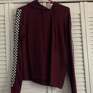 Maroon hoodie with checkered sleeve, size L